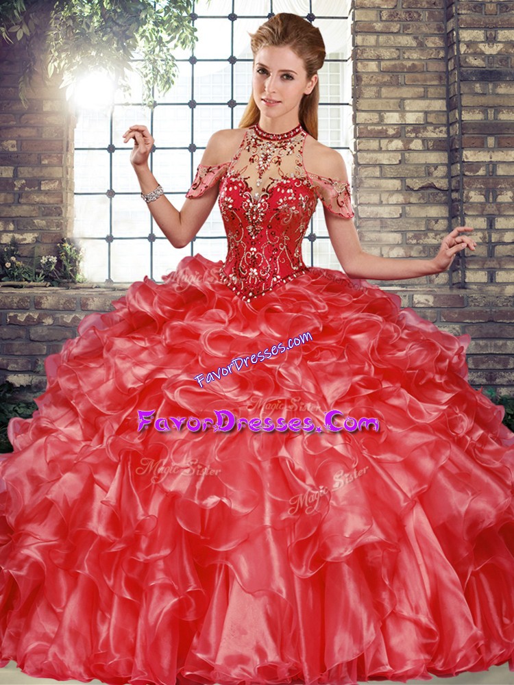  Floor Length Coral Red Quinceanera Dresses Halter Top Sleeveless Lace Up