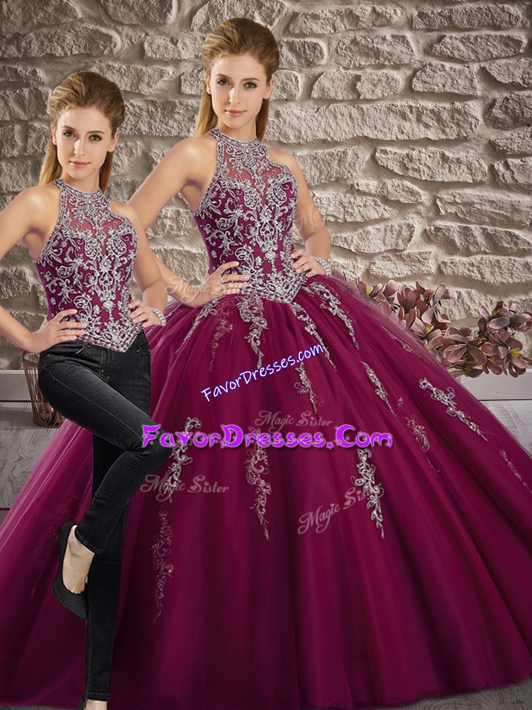  Purple Halter Top Lace Up Beading and Appliques Sweet 16 Quinceanera Dress Brush Train Sleeveless