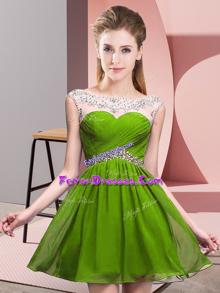 Designer A-line Prom Dresses Olive Green Scoop Chiffon Sleeveless Mini Length Backless