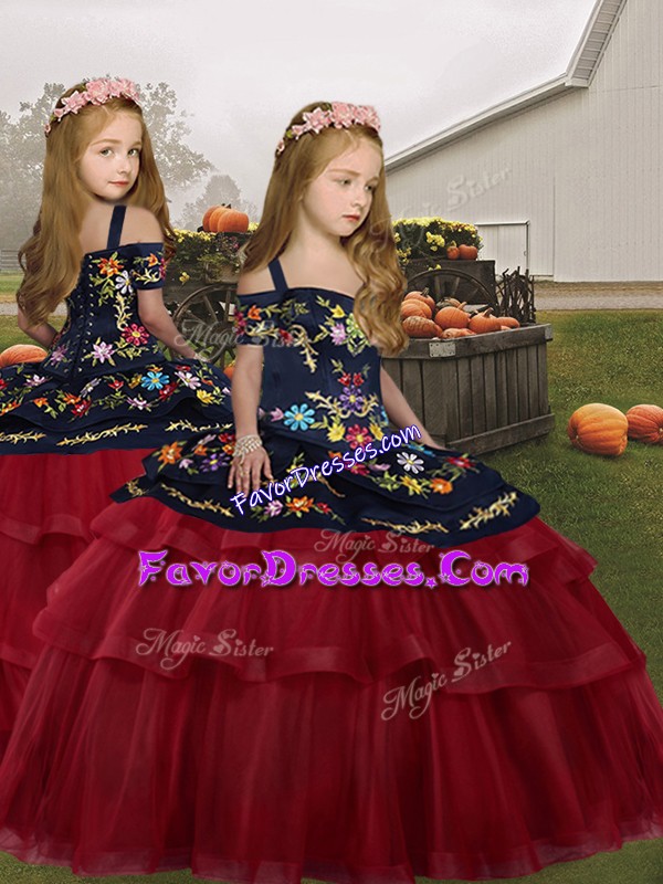  Red Straps Neckline Embroidery and Ruffled Layers Child Pageant Dress Sleeveless Lace Up