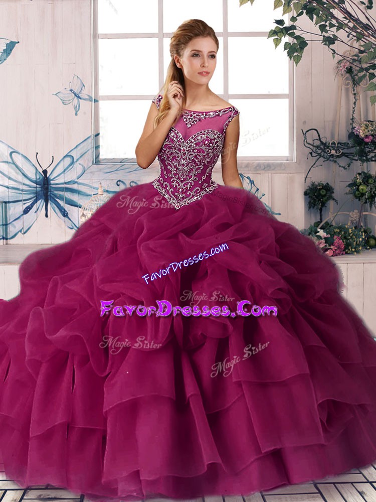 Fashionable Organza Sleeveless Quince Ball Gowns Brush Train and Beading and Pick Ups