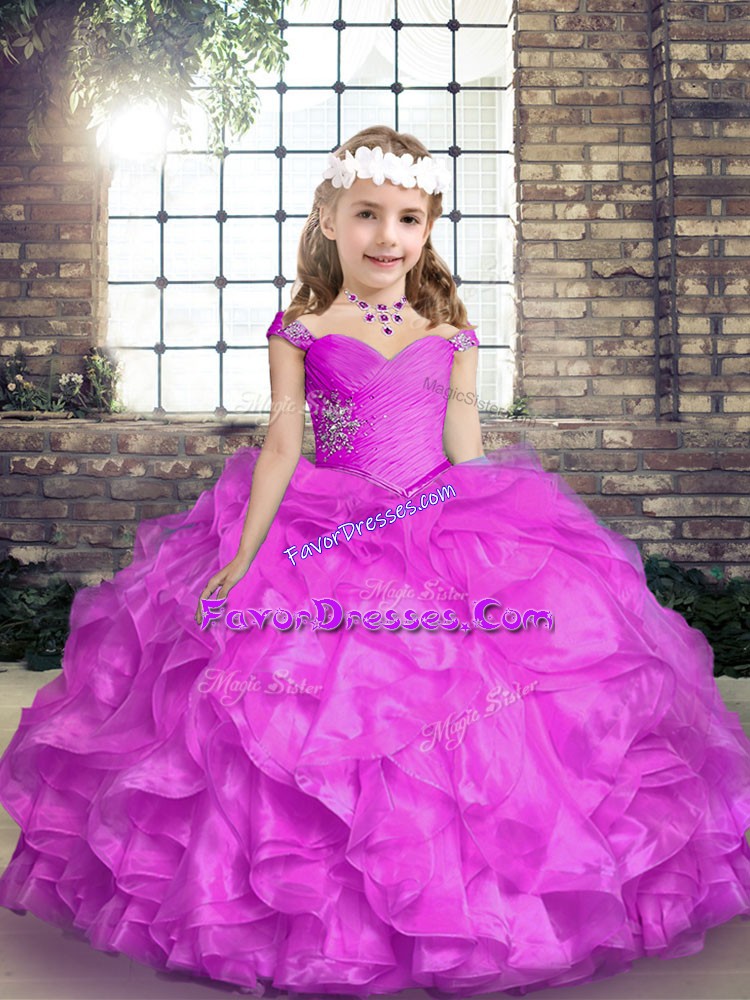  Lilac Ball Gowns Organza Straps Sleeveless Beading and Ruffles Floor Length Lace Up Kids Formal Wear