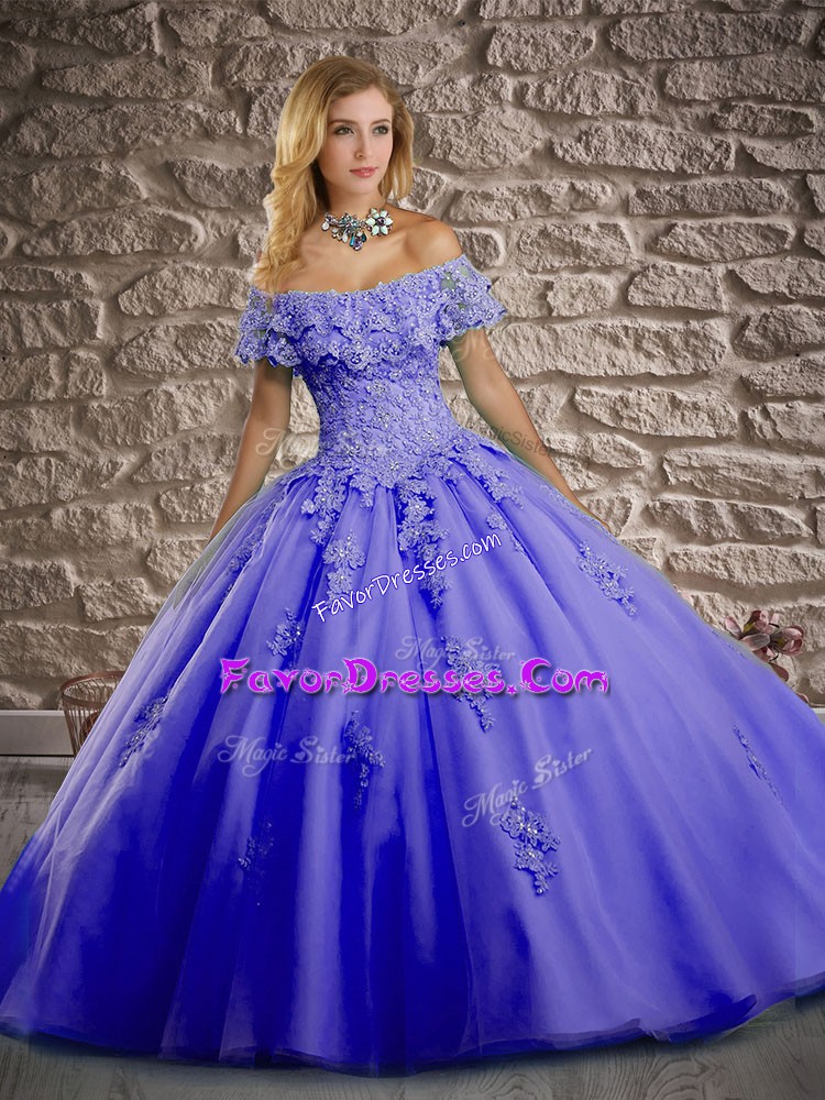 Noble Lavender Tulle Lace Up Quinceanera Dresses Short Sleeves Brush Train Lace and Appliques