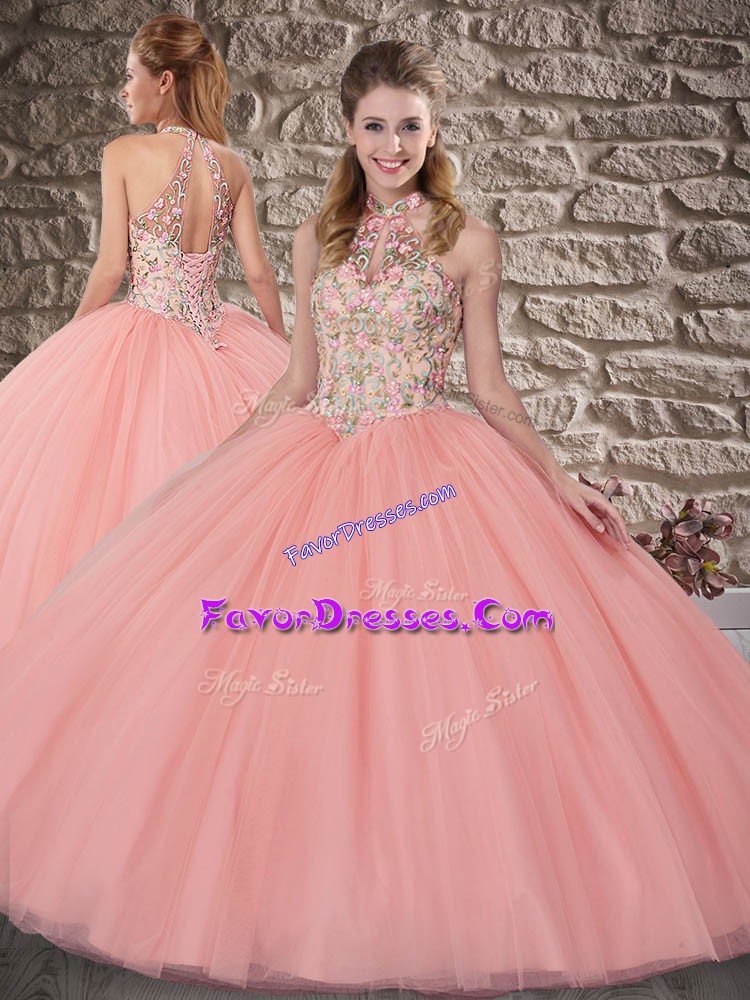  Watermelon Red Quinceanera Gowns Halter Top Sleeveless Brush Train Lace Up