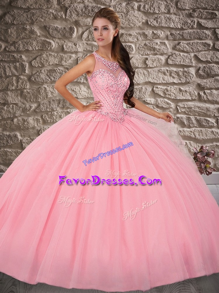  Backless Ball Gown Prom Dress Watermelon Red for Military Ball and Sweet 16 and Quinceanera with Beading Brush Train