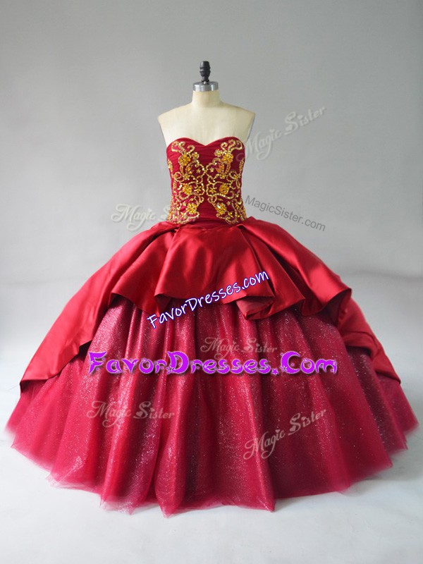 Deluxe Wine Red Ball Gowns Satin and Tulle Sweetheart Sleeveless Beading and Embroidery Lace Up 15 Quinceanera Dress Court Train