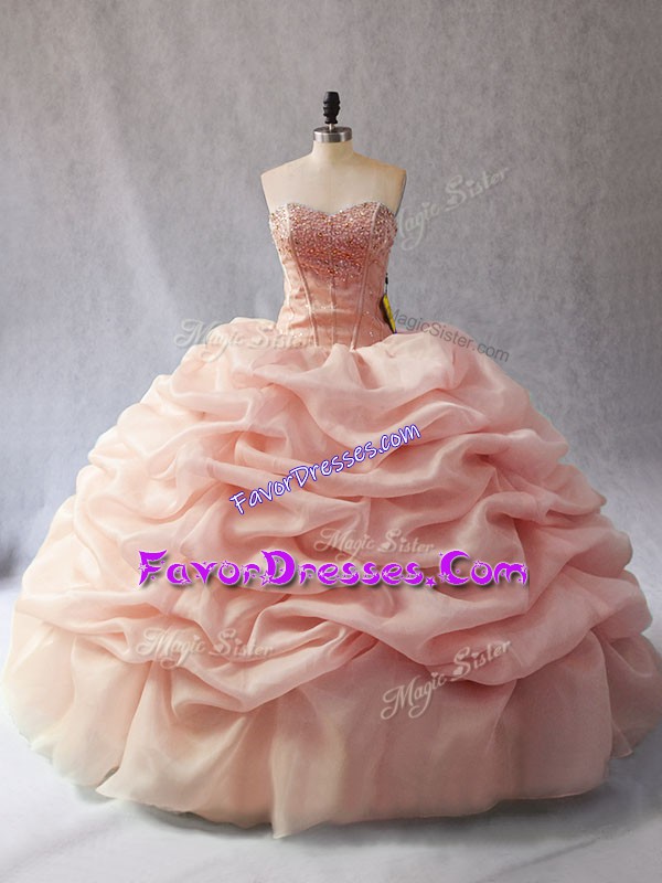 High Quality Floor Length Peach Quinceanera Dresses Sweetheart Sleeveless Lace Up