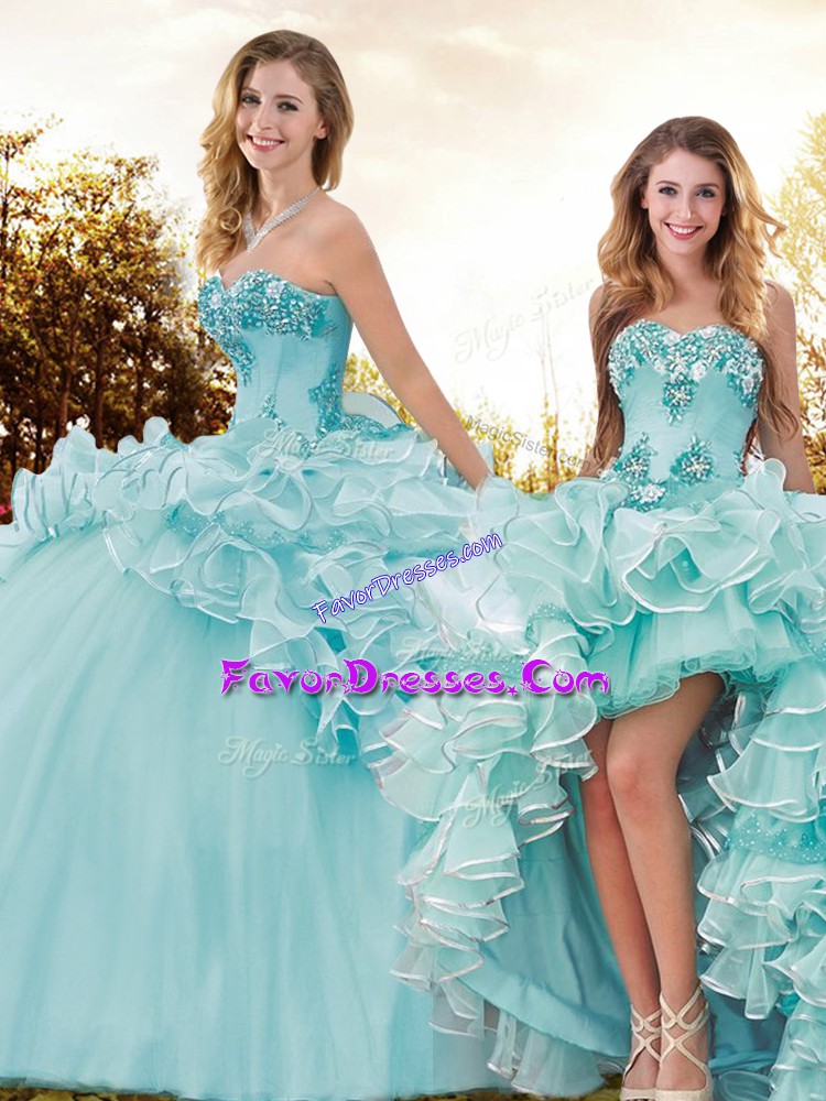  Aqua Blue Sleeveless Organza and Tulle Brush Train Lace Up Sweet 16 Quinceanera Dress for Military Ball and Sweet 16 and Quinceanera
