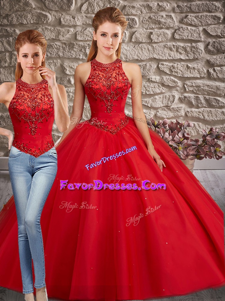 Modern Red Two Pieces Beading Quinceanera Dress Lace Up Tulle Sleeveless