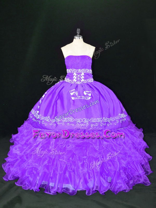 Shining Lavender Strapless Lace Up Embroidery and Ruffles Quince Ball Gowns Sleeveless
