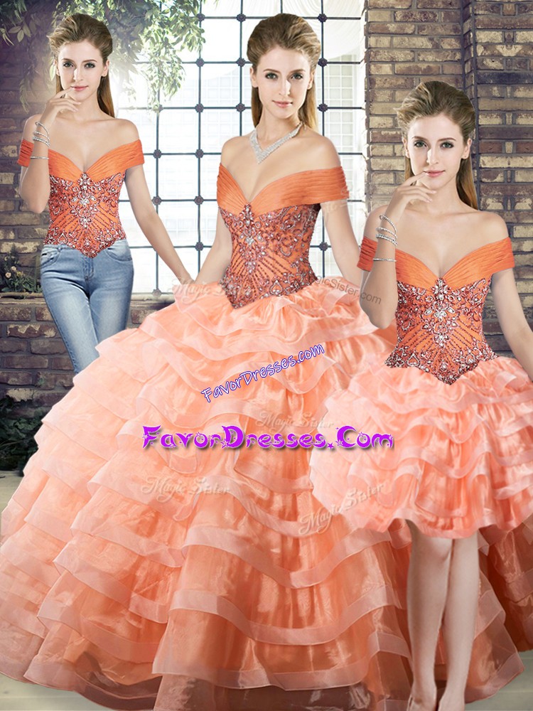 Best Selling Peach Three Pieces Beading and Ruffled Layers Quinceanera Dress Lace Up Organza Sleeveless