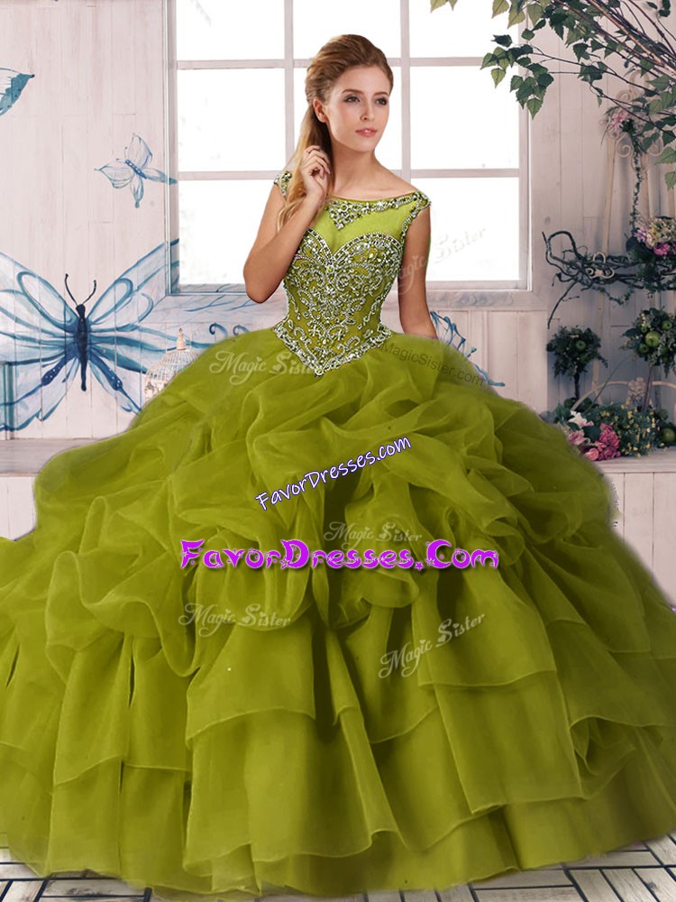 Luxury Beading and Pick Ups Ball Gown Prom Dress Olive Green Zipper Sleeveless Brush Train
