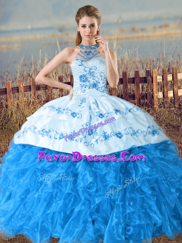  Court Train Ball Gowns Quinceanera Dress Baby Blue Halter Top Organza Sleeveless Lace Up