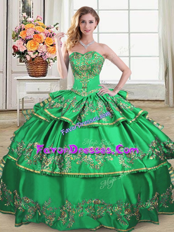  Green Sweetheart Neckline Embroidery and Ruffled Layers Sweet 16 Dress Sleeveless Lace Up
