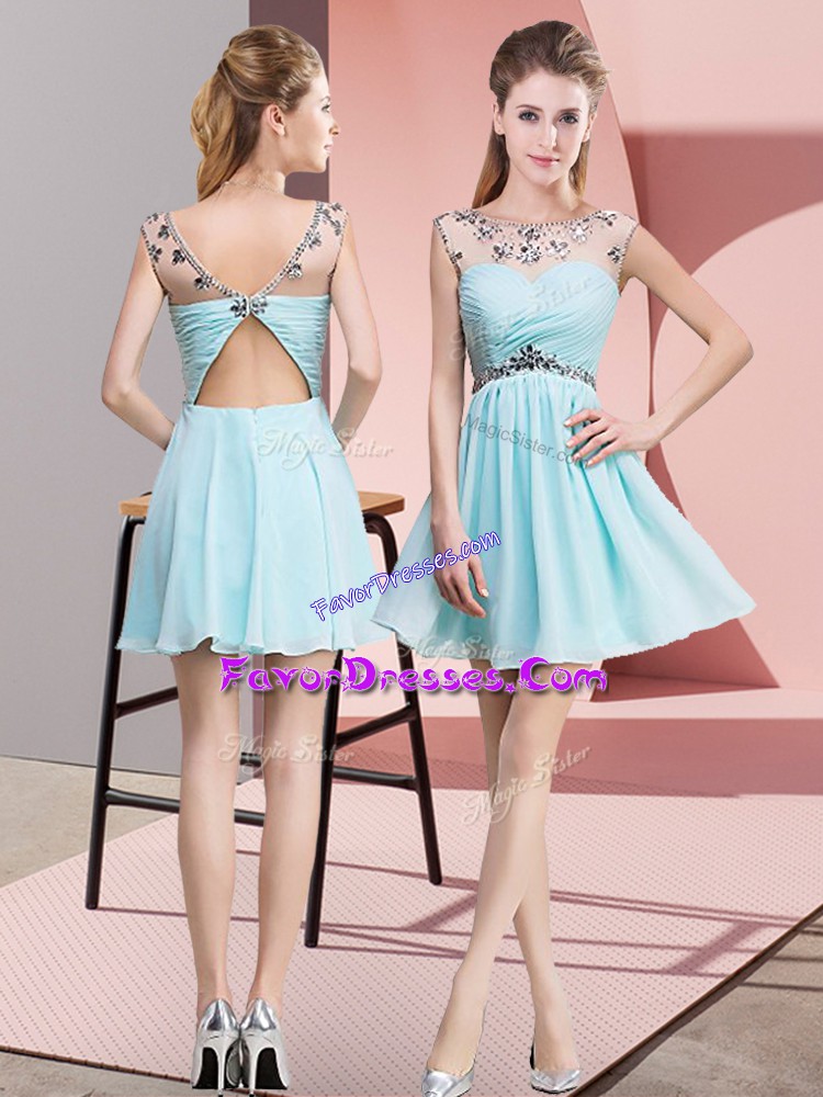 Trendy Light Blue Homecoming Dress Prom and Party and Military Ball with Beading and Ruching Scoop Sleeveless Backless