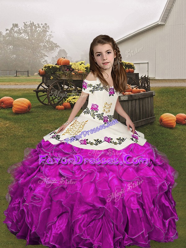  Sleeveless Floor Length Embroidery and Ruffles Lace Up Girls Pageant Dresses with Fuchsia
