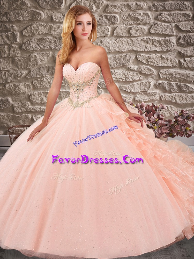 New Arrival Peach Ball Gowns Sweetheart Sleeveless Organza and Tulle Court Train Lace Up Beading and Ruffles Quinceanera Dresses