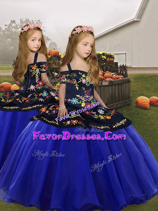 Custom Design Spaghetti Straps Sleeveless Kids Formal Wear Floor Length Embroidery and Ruffles Royal Blue Organza