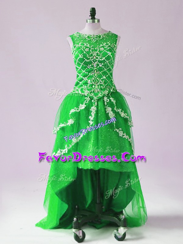  Green Tulle Zipper Sleeveless High Low Beading and Appliques