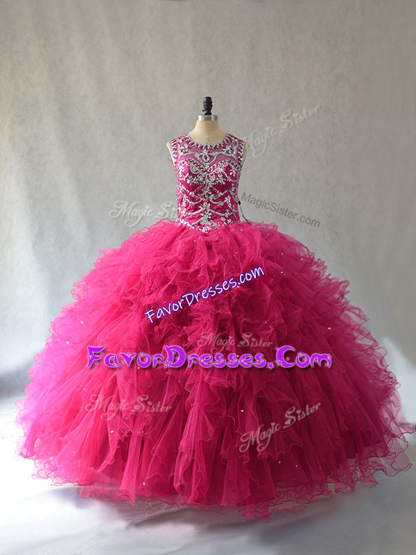  Hot Pink Tulle Lace Up Scoop Sleeveless Quinceanera Gown Beading