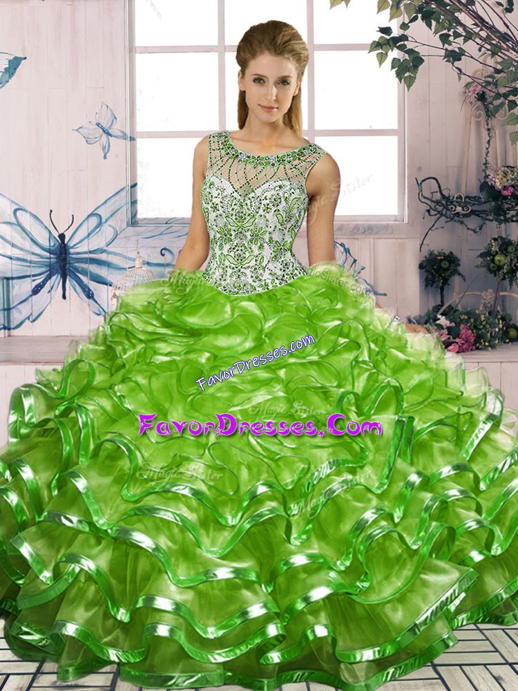 Floor Length Lace Up Quinceanera Gown for Military Ball and Sweet 16 and Quinceanera with Beading and Ruffles