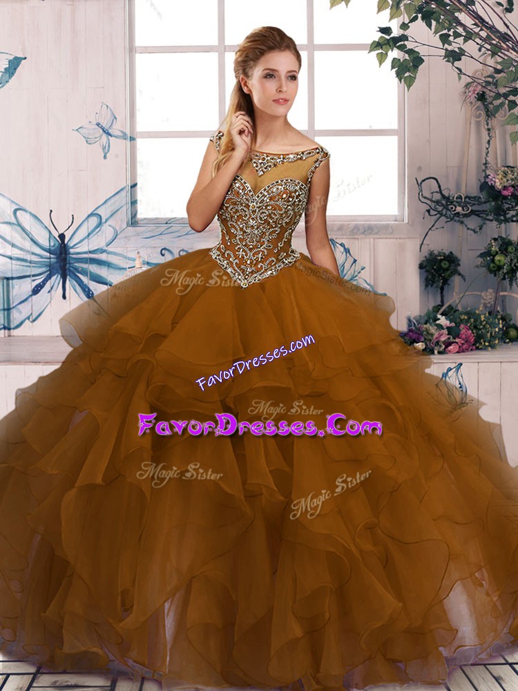 High End Sleeveless Organza Floor Length Zipper Sweet 16 Dresses in Brown with Beading and Ruffles