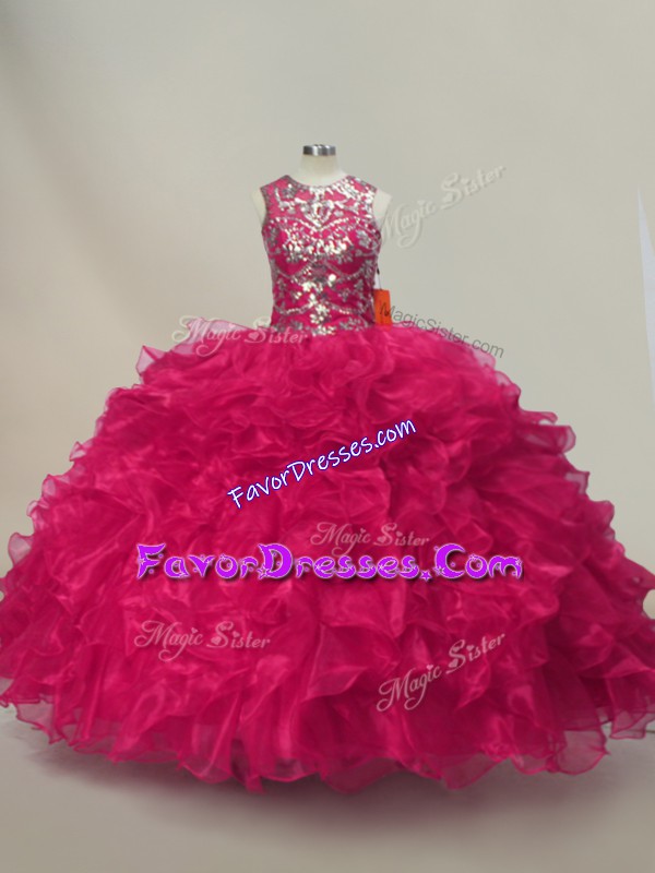  Ball Gowns Quinceanera Dresses Hot Pink Sweetheart Organza Sleeveless Floor Length Lace Up