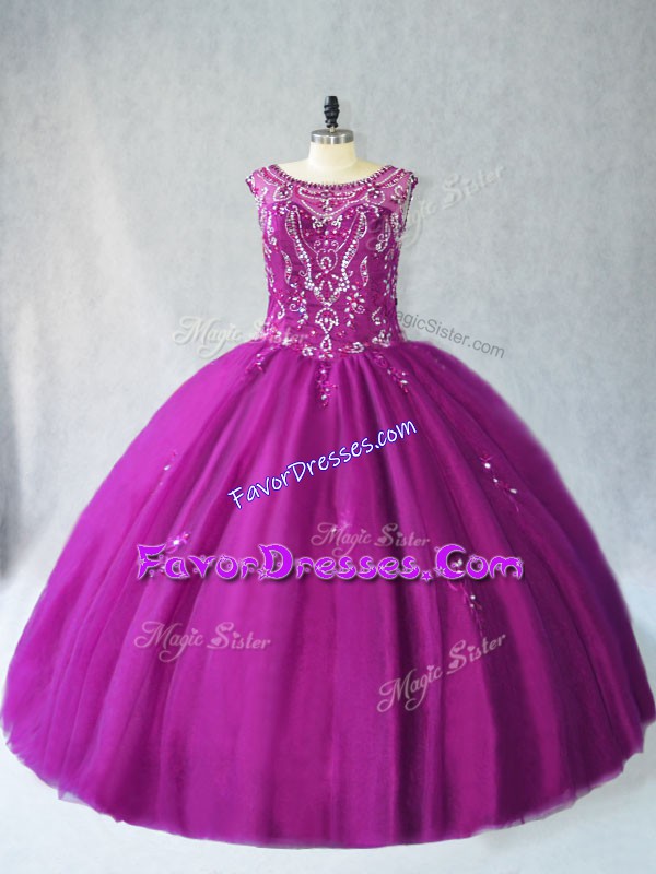 On Sale Tulle Scoop Sleeveless Lace Up Beading Quinceanera Dresses in Purple