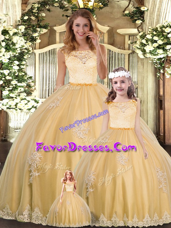  Gold Sleeveless Tulle Clasp Handle Vestidos de Quinceanera for Military Ball and Sweet 16 and Quinceanera
