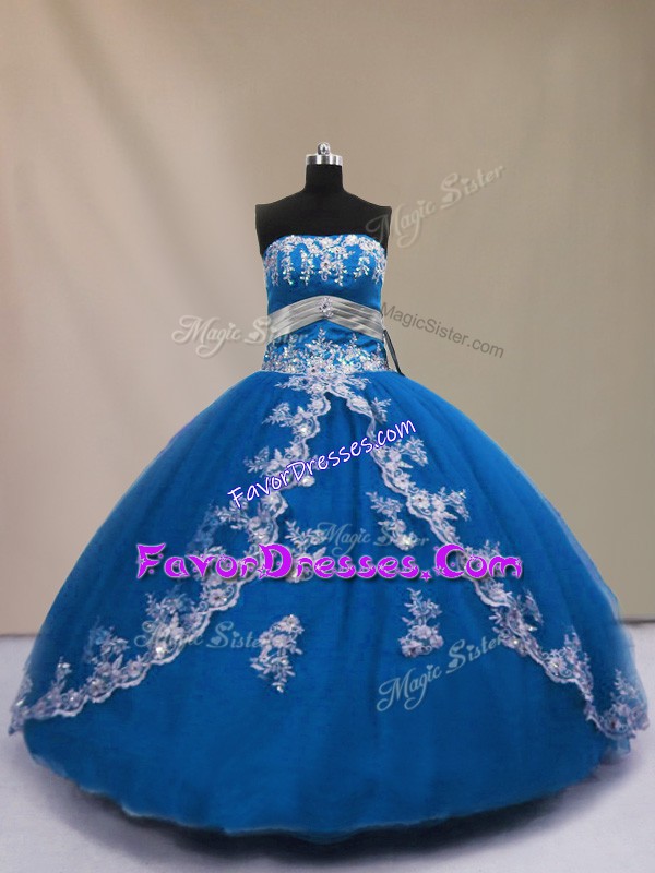 Romantic Blue Lace Up Strapless Appliques Quince Ball Gowns Tulle Sleeveless