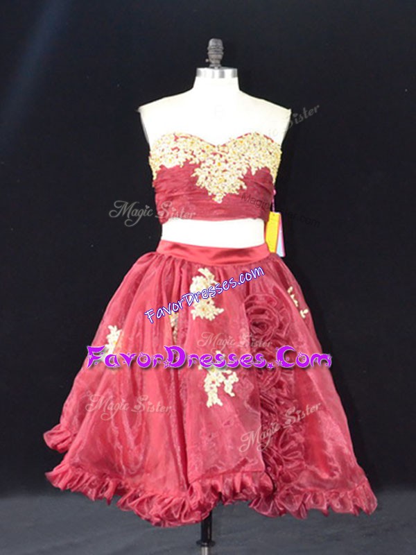  Organza Sweetheart Sleeveless Zipper Appliques and Ruffles Dress for Prom in Wine Red