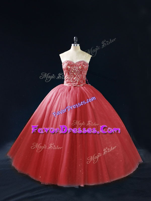 Elegant Sleeveless Beading Lace Up Vestidos de Quinceanera with Red