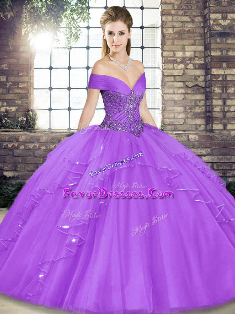  Lavender Sweet 16 Dresses Military Ball and Sweet 16 and Quinceanera with Beading and Ruffles Off The Shoulder Sleeveless Lace Up