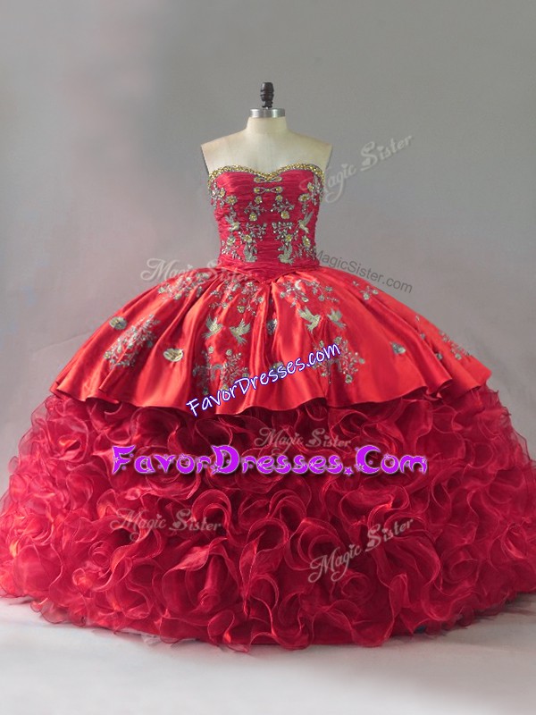 Cute Red 15th Birthday Dress Fabric With Rolling Flowers Brush Train Sleeveless Embroidery