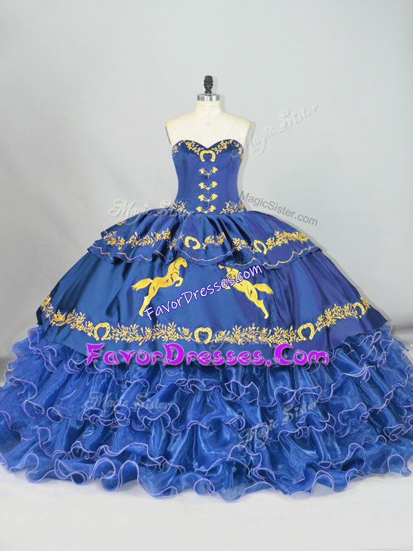 Beauteous Blue Satin and Organza Lace Up Sweetheart Sleeveless Sweet 16 Dress Brush Train Embroidery and Ruffled Layers