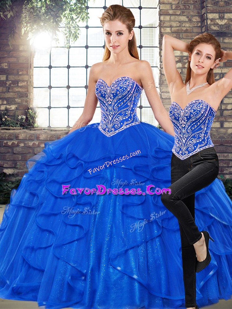  Floor Length Royal Blue Quinceanera Gowns Tulle Sleeveless Beading and Ruffles