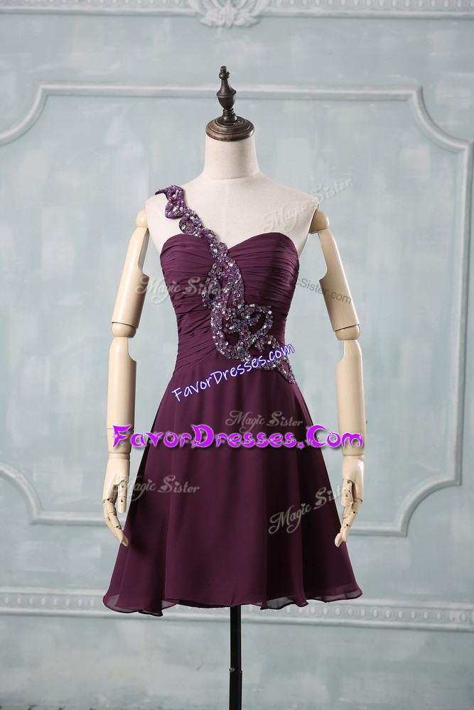  Dark Purple Prom Party Dress Chiffon Sleeveless Beading and Ruching