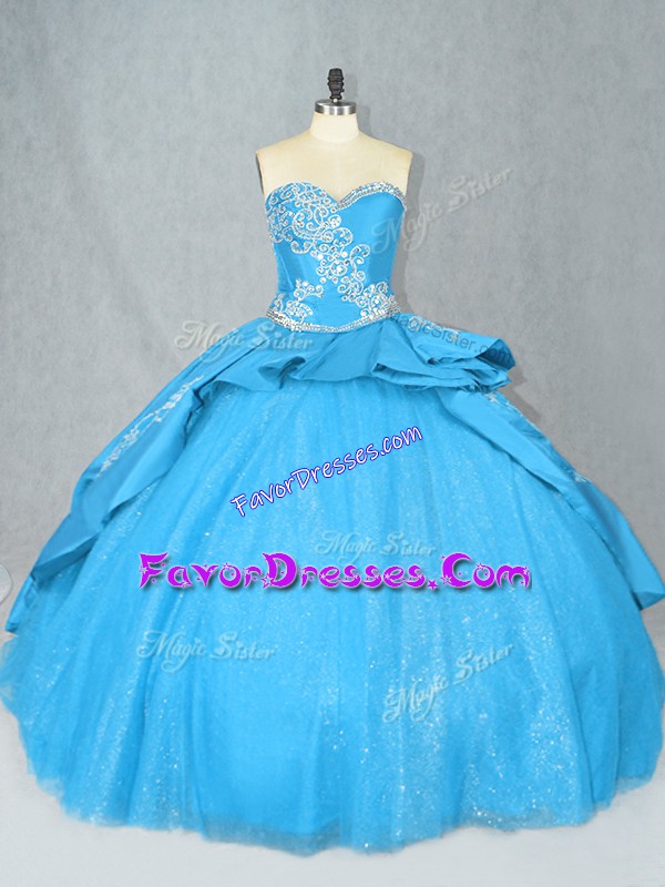 Traditional Baby Blue Sleeveless Satin and Tulle Court Train Lace Up Quinceanera Dress for Sweet 16 and Quinceanera