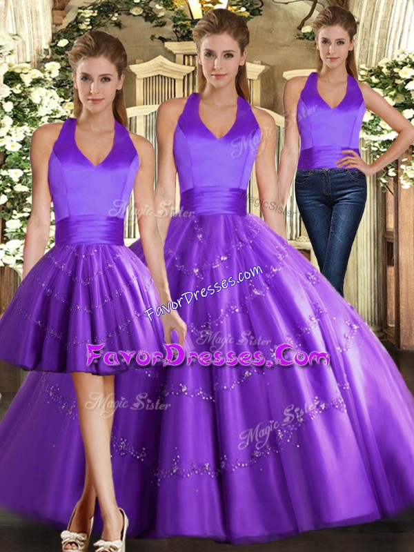 Sumptuous Purple Tulle Lace Up Halter Top Sleeveless Floor Length 15 Quinceanera Dress Beading