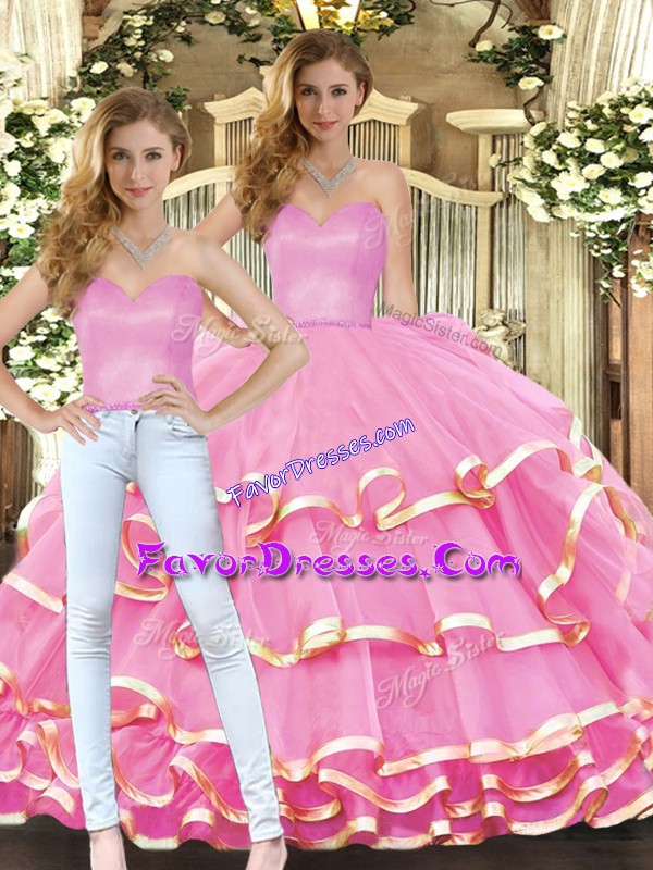 Luxury Rose Pink Two Pieces Organza Sweetheart Sleeveless Ruffled Layers Floor Length Lace Up 15 Quinceanera Dress