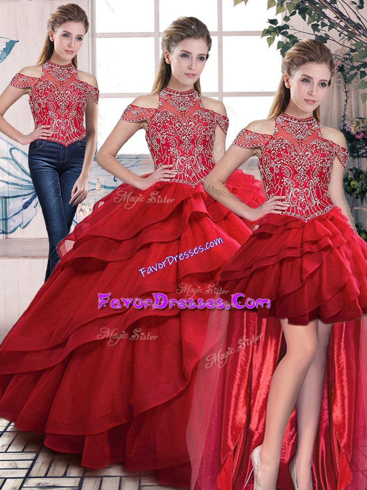  Red Halter Top Lace Up Beading and Ruffles 15 Quinceanera Dress Sleeveless