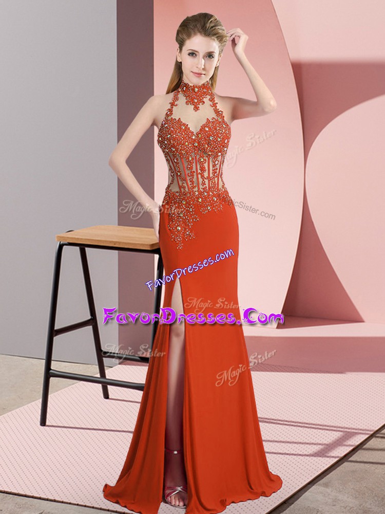 Vintage Orange Red Sleeveless Floor Length Lace and Appliques Backless Evening Dress