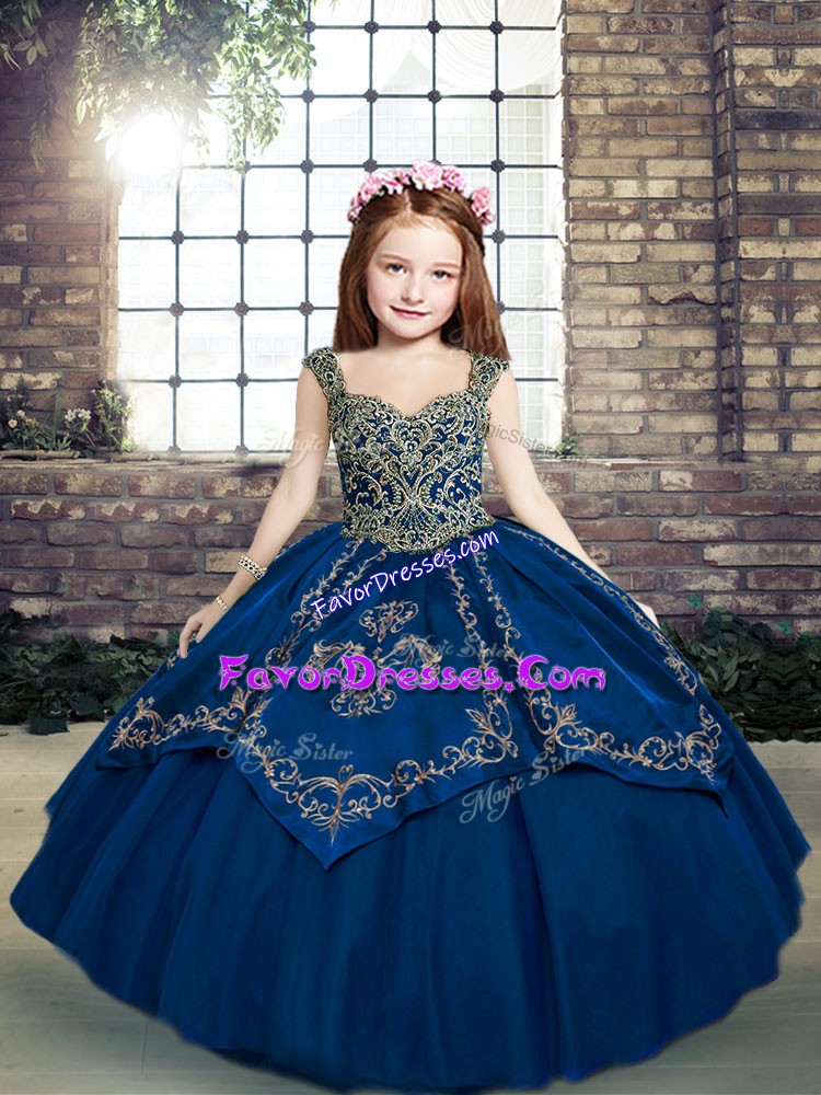 High Class Blue Sleeveless Beading and Embroidery Floor Length Little Girls Pageant Dress Wholesale