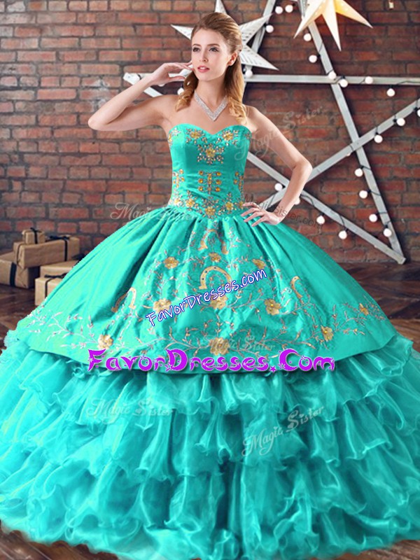  Aqua Blue Sleeveless Embroidery and Ruffled Layers Ball Gown Prom Dress