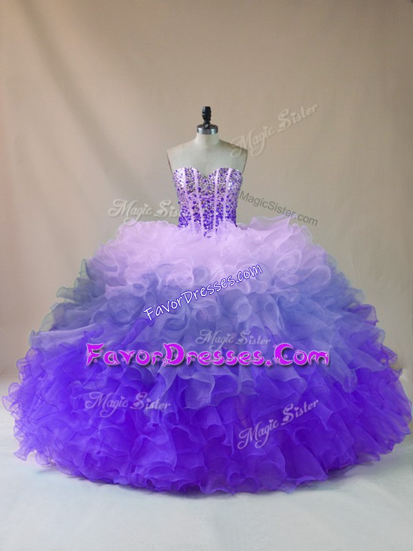  Sleeveless Floor Length Beading and Ruffles Lace Up Sweet 16 Dress with Multi-color