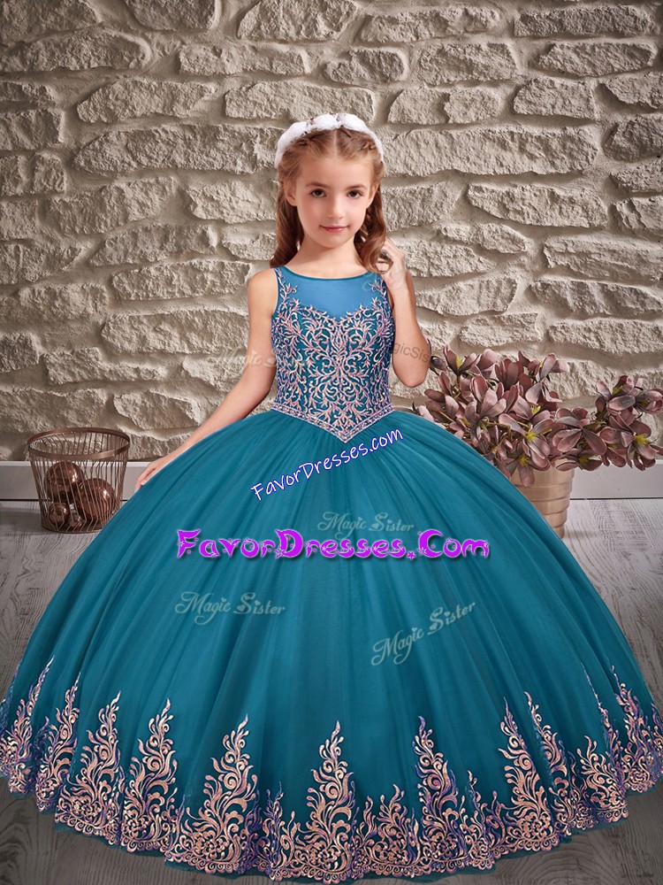 High End Floor Length Ball Gowns Sleeveless Teal Girls Pageant Dresses Lace Up