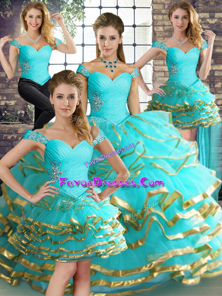 Glamorous Aqua Blue Ball Gowns Off The Shoulder Sleeveless Tulle Floor Length Lace Up Beading and Ruffled Layers Vestidos de Quinceanera