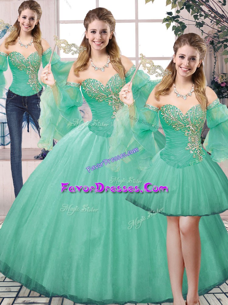 Traditional Sleeveless Floor Length Beading Lace Up Sweet 16 Dress with Turquoise