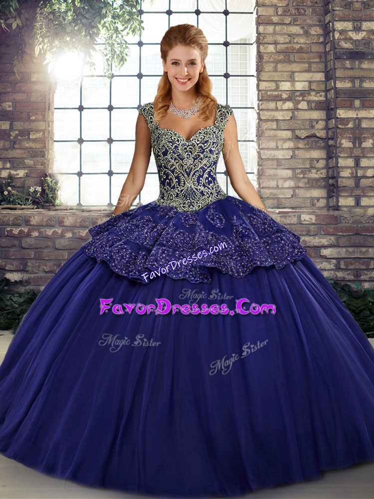  Tulle Straps Sleeveless Lace Up Beading and Appliques Vestidos de Quinceanera in Purple