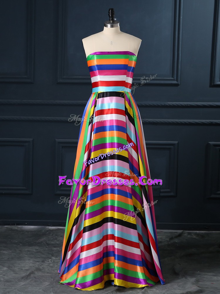  Strapless Sleeveless Prom Gown Floor Length Ruching Multi-color Printed